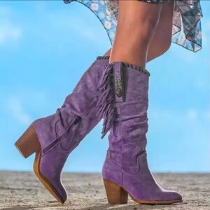 New! PURPLE Women’s Vegan Suede Fringe Boots Western Cowboy Boots